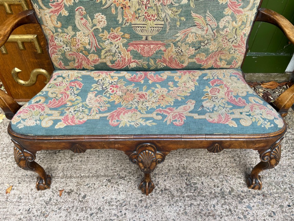 Early C20th carved walnut frame George I period revival settee with fine tapestry covering  View V