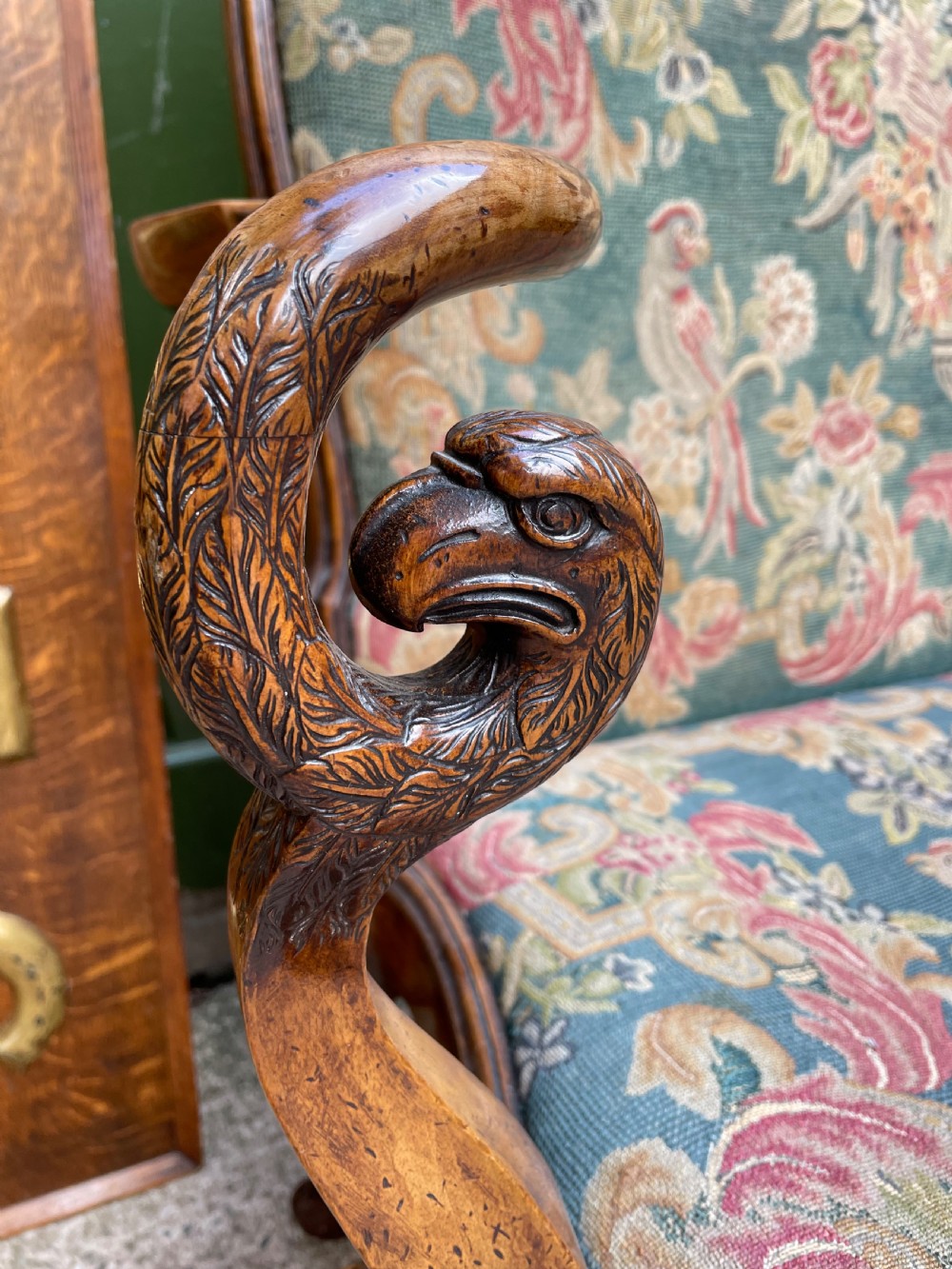 Early C20th carved walnut frame George I period revival settee with fine tapestry covering  View VI