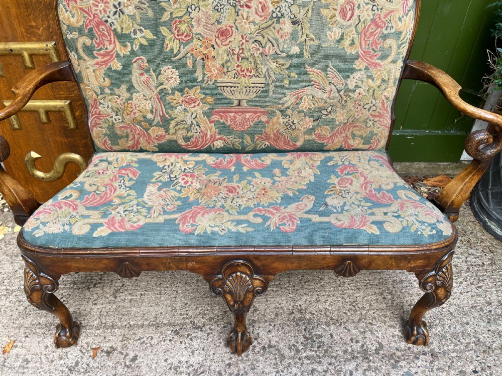 Early C20th carved walnut frame George I period revival settee with fine tapestry covering  View VII