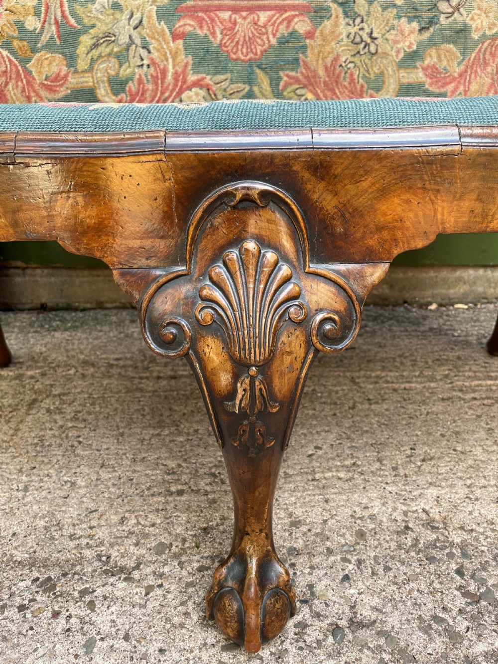 Early C20th carved walnut frame George I period revival settee with fine tapestry covering  View X