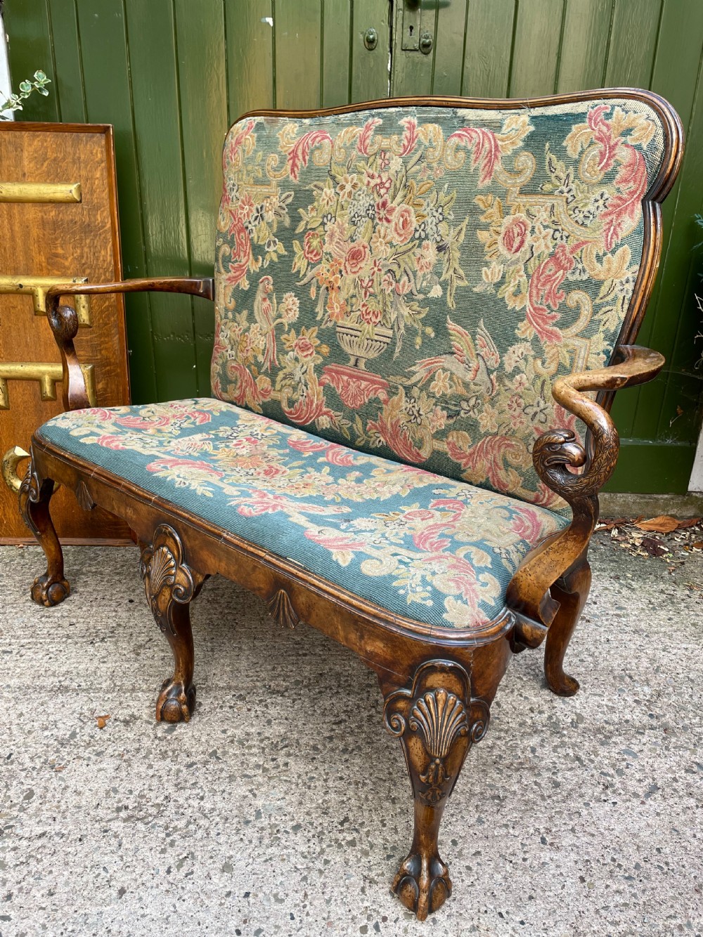 Early C20th carved walnut frame George I period revival settee with fine tapestry covering  View XI