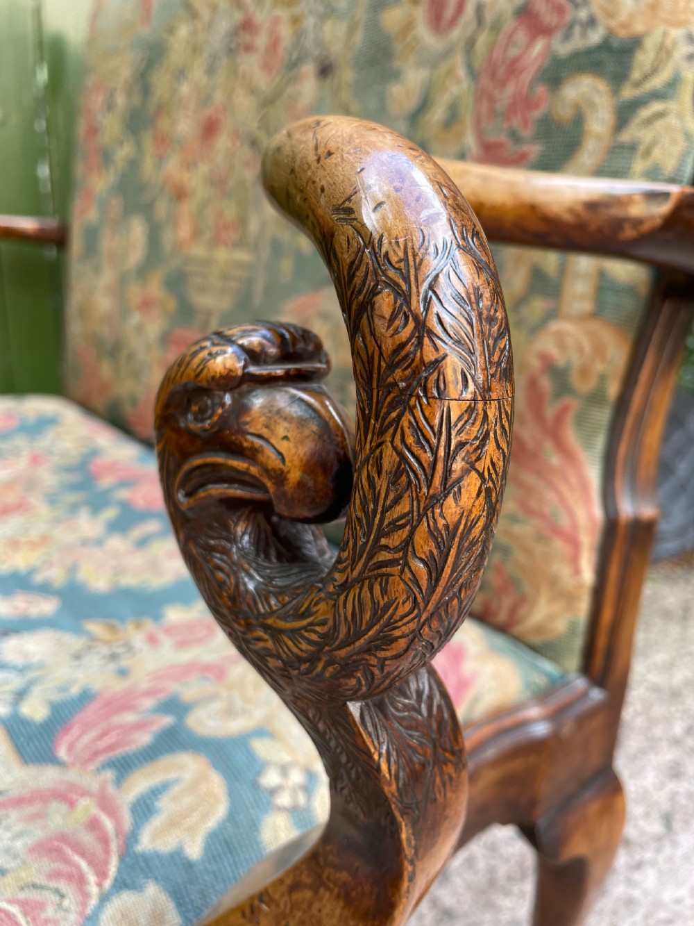 Early C20th carved walnut frame George I period revival settee with fine tapestry covering  View XIII