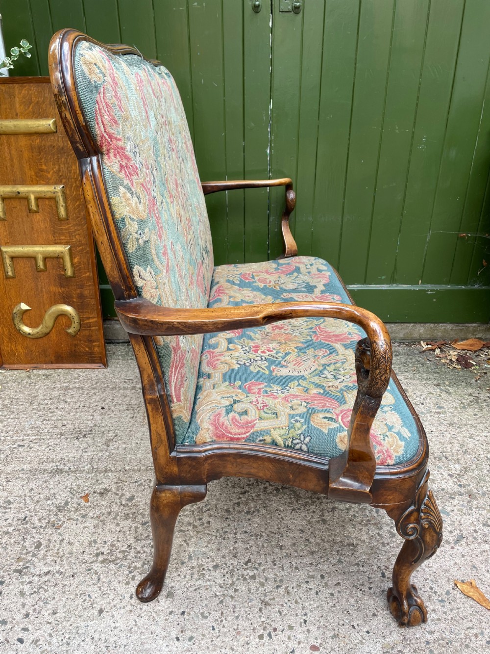 Early C20th carved walnut frame George I period revival settee with fine tapestry covering  View XV