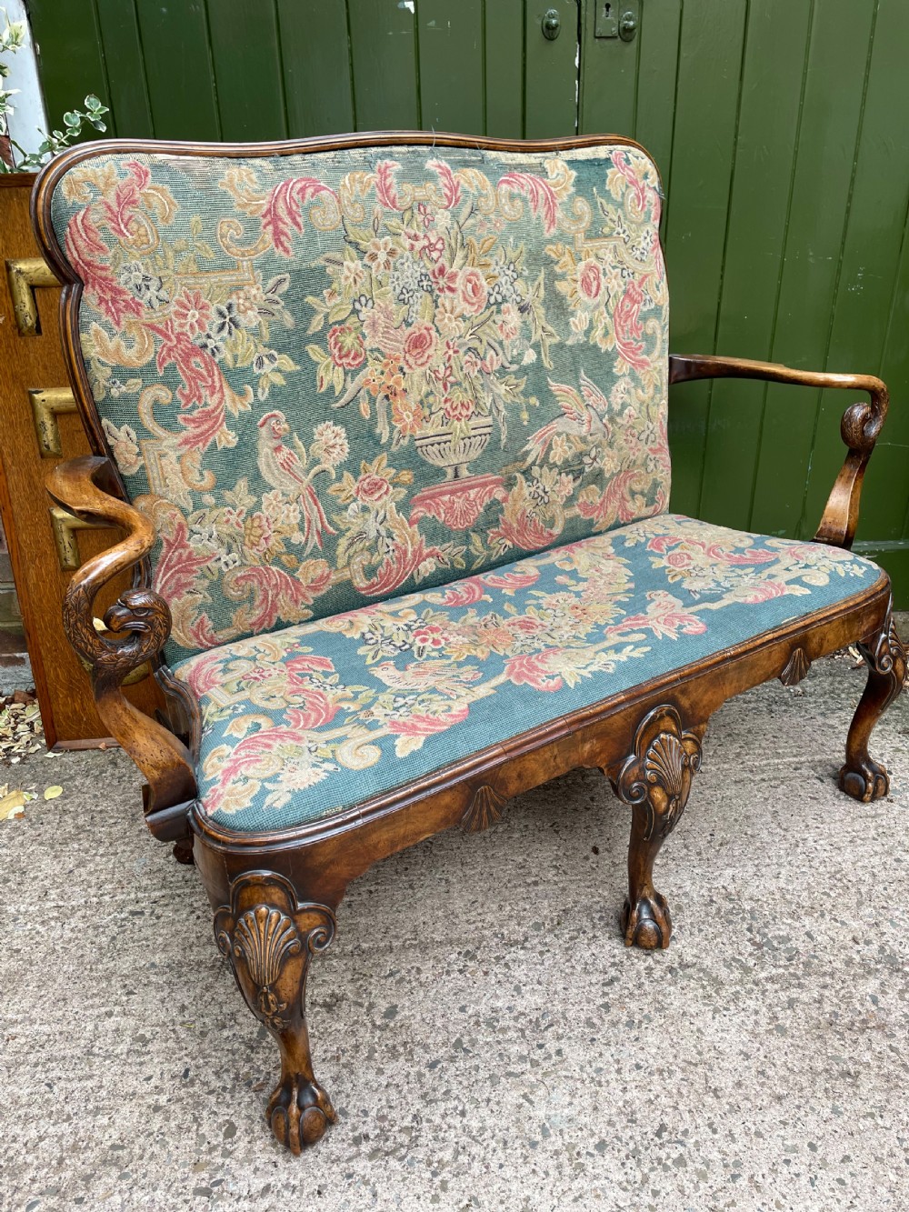 Early C20th carved walnut frame George I period revival settee with fine tapestry covering  View XVII