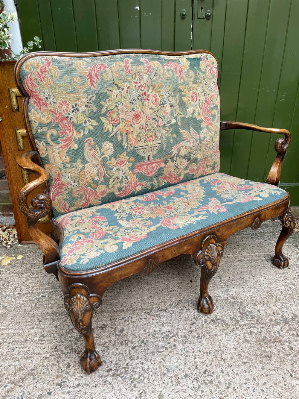 Early C20th carved walnut frame George I period revival settee with fine tapestry covering  View XIX