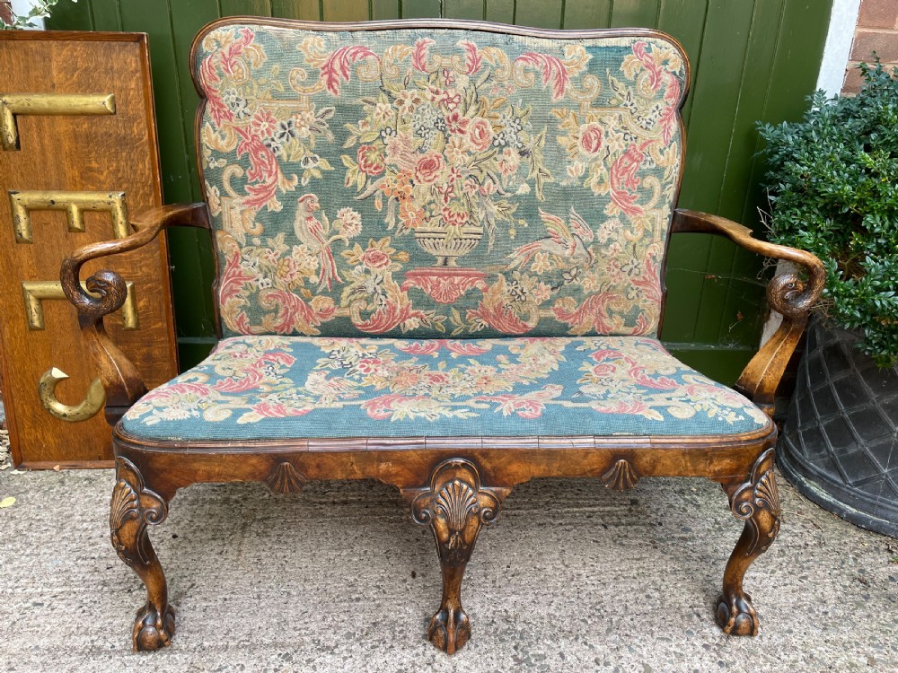 Early C20th carved walnut frame George I period revival settee with fine tapestry covering  View XX