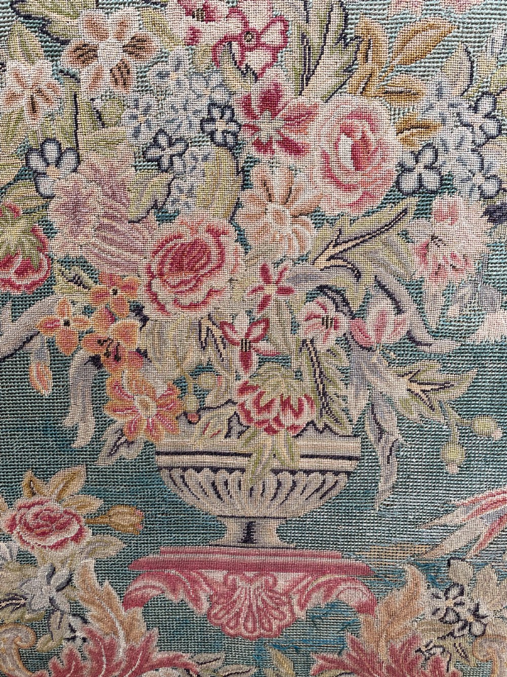 Early C20th carved walnut frame George I period revival settee with fine tapestry covering  View XXI