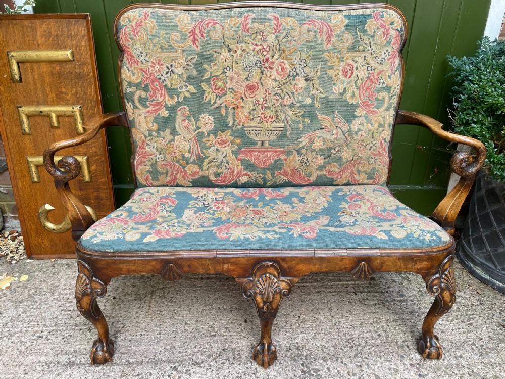 Early C20th carved walnut frame George I period revival settee with fine tapestry covering  View XXIV