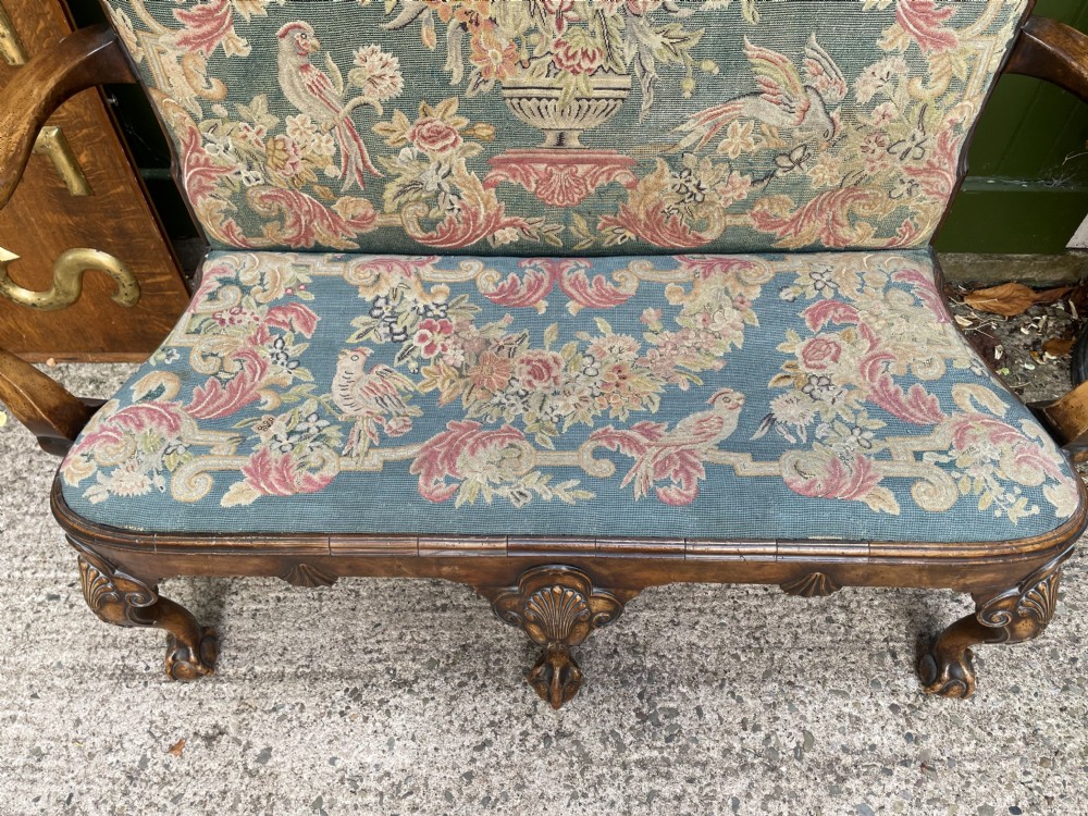 Early C20th carved walnut frame George I period revival settee with fine tapestry covering  View XXII