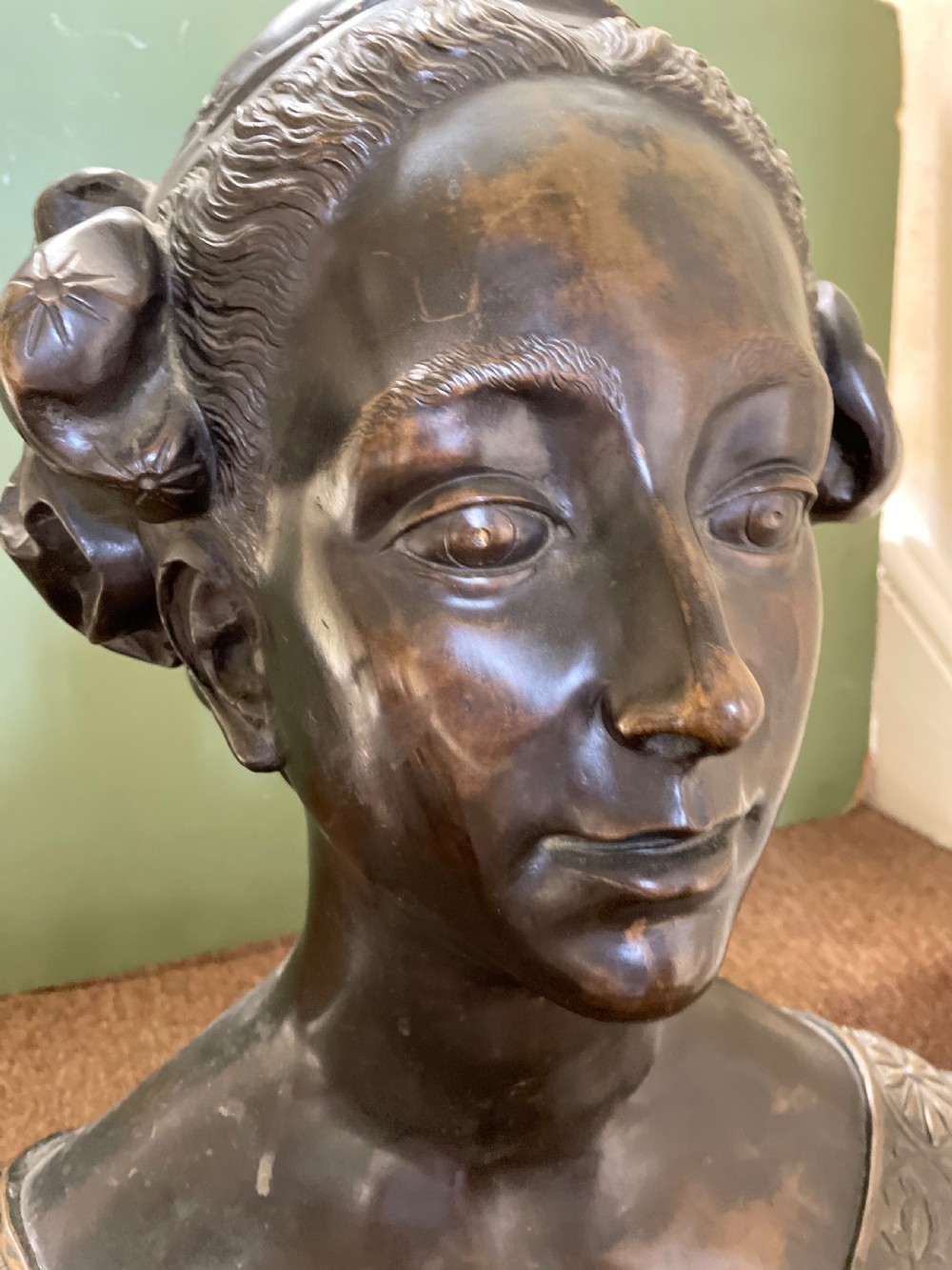 Life-size C19th Renaissance style bronze portrait bust of a noble woman. View XIV