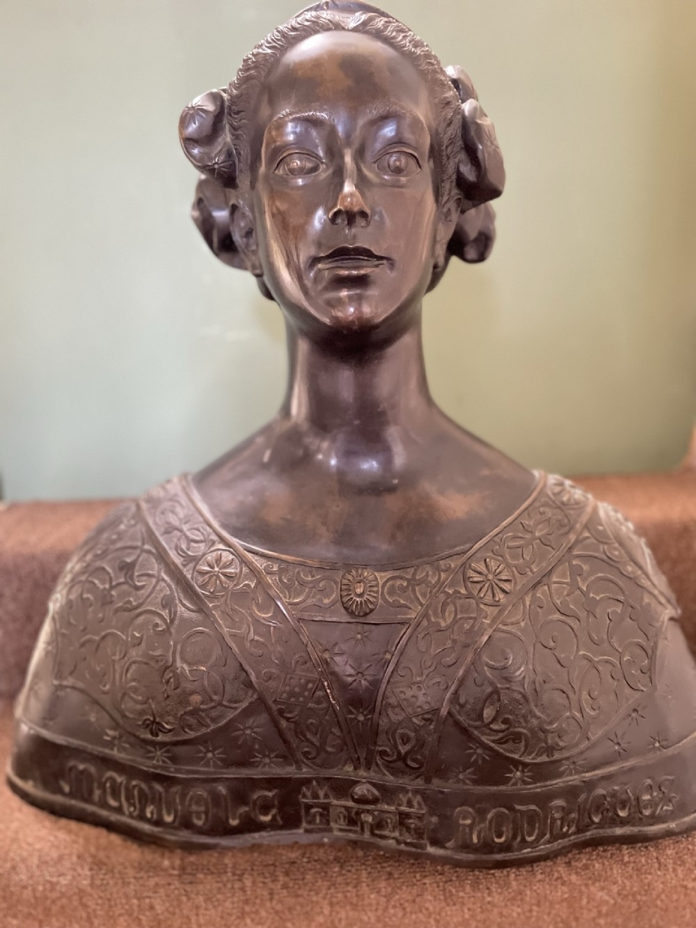 Life-size C19th Renaissance style bronze portrait bust of a noble woman.
