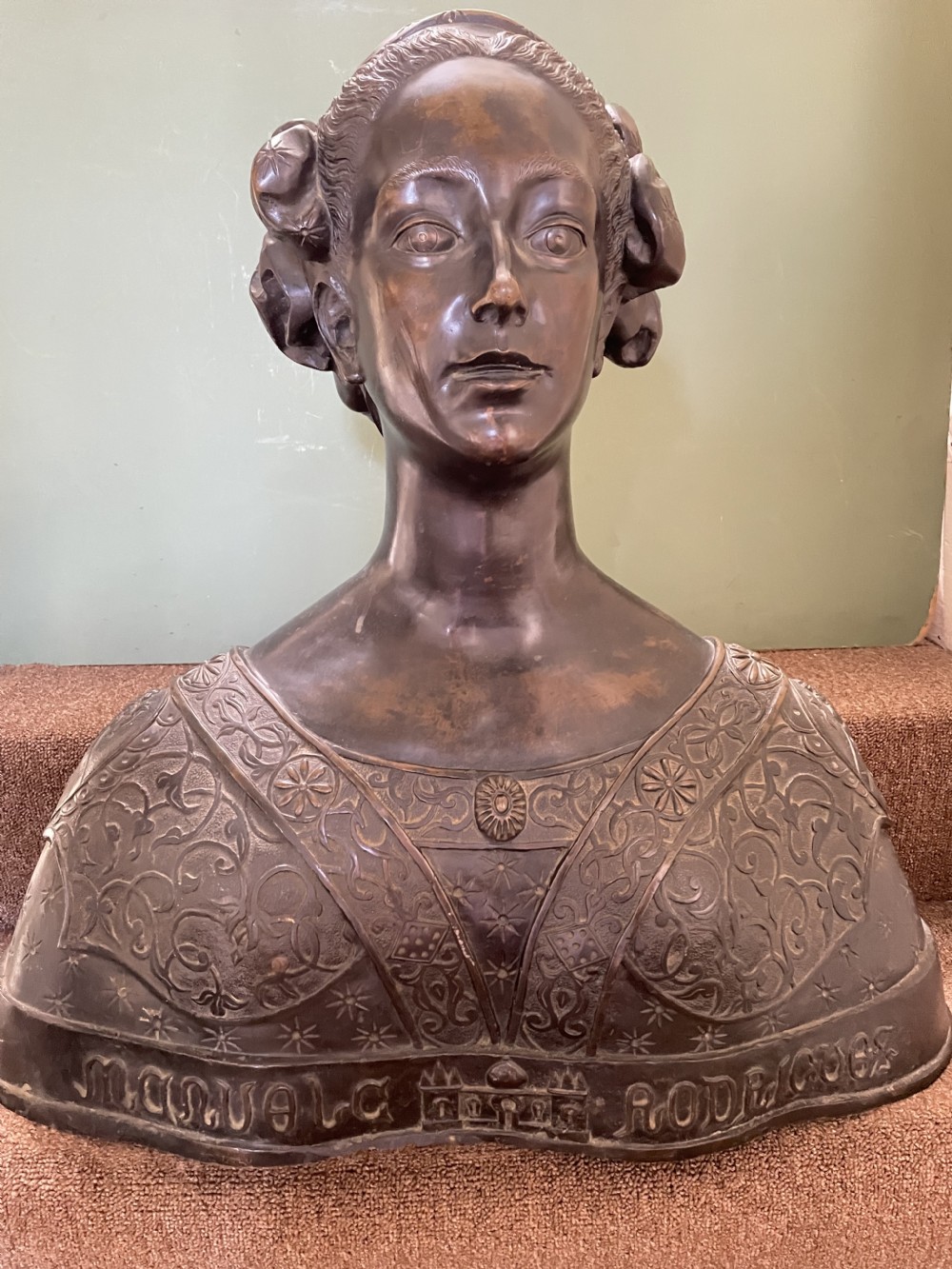 Life-size C19th Renaissance style bronze portrait bust of a noble woman. View XXVI