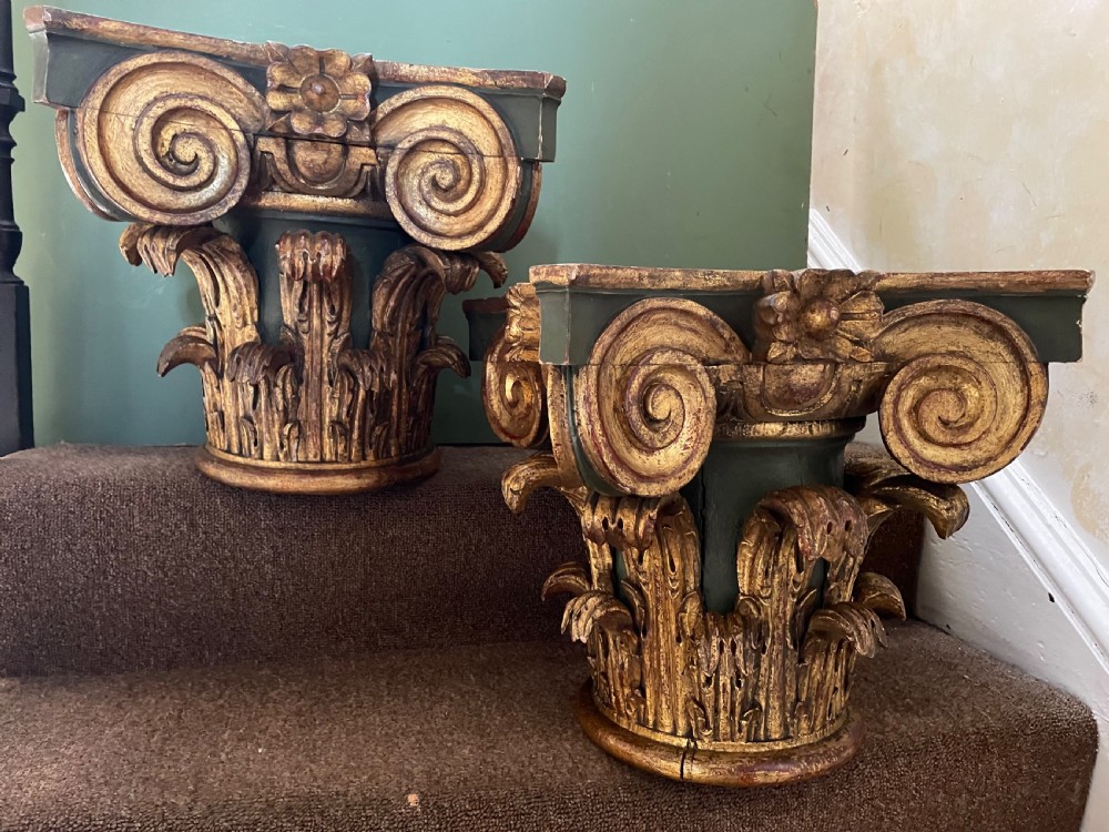 Pair of late C19th Italian carved walnut painted and gilded corinthian capitals  View II
