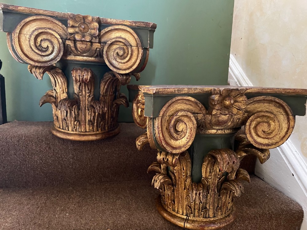 Pair of late C19th Italian carved walnut painted and gilded corinthian capitals  View III