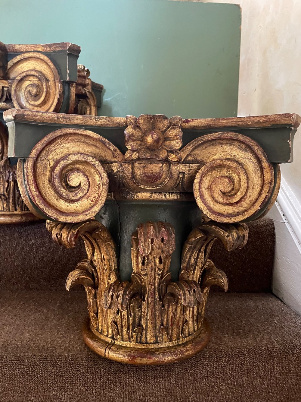 Pair of late C19th Italian carved walnut painted and gilded corinthian capitals  View IV
