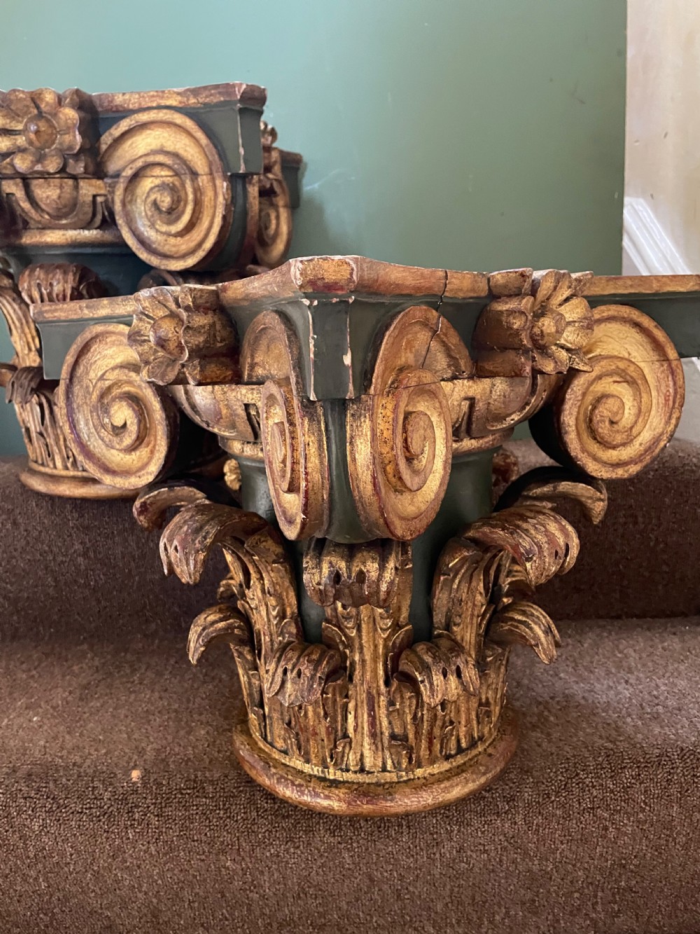Pair of late C19th Italian carved walnut painted and gilded corinthian capitals  View V