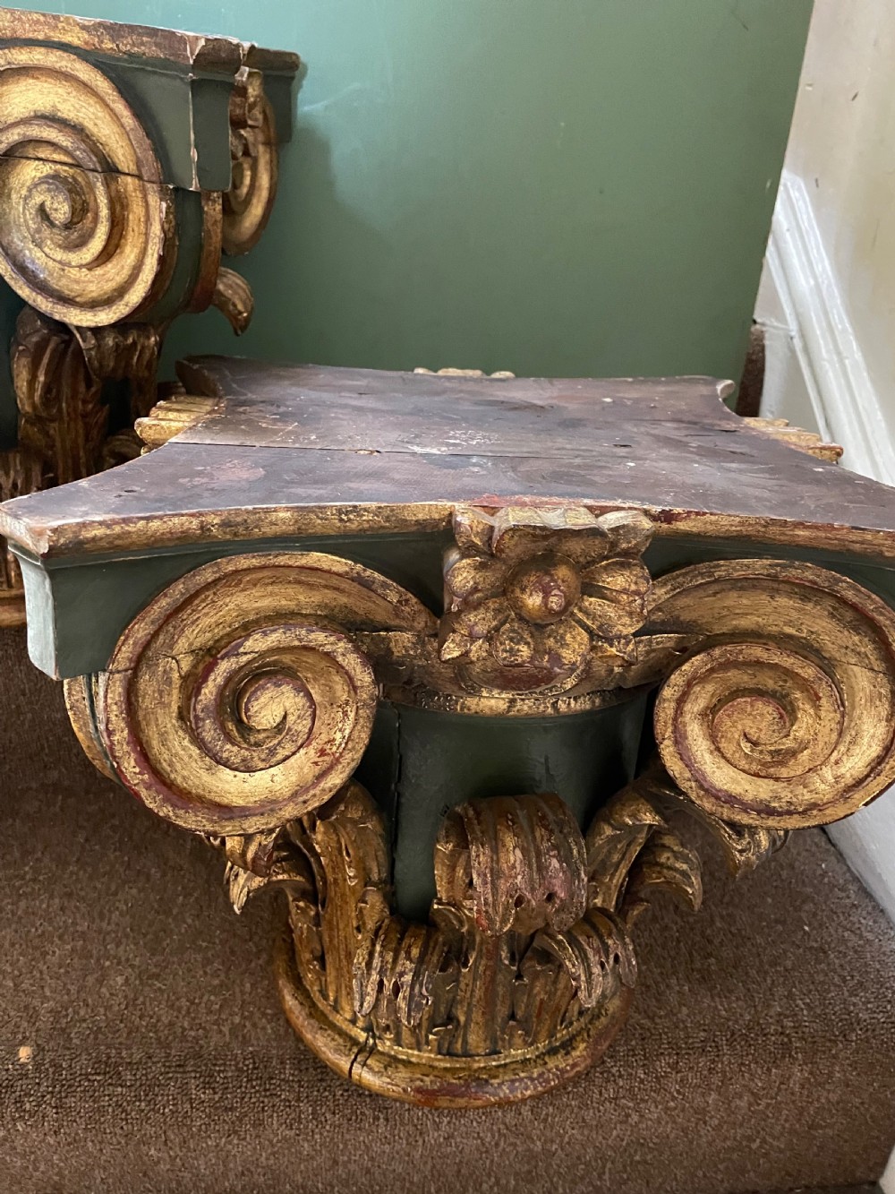 Pair of late C19th Italian carved walnut painted and gilded corinthian capitals  View VI