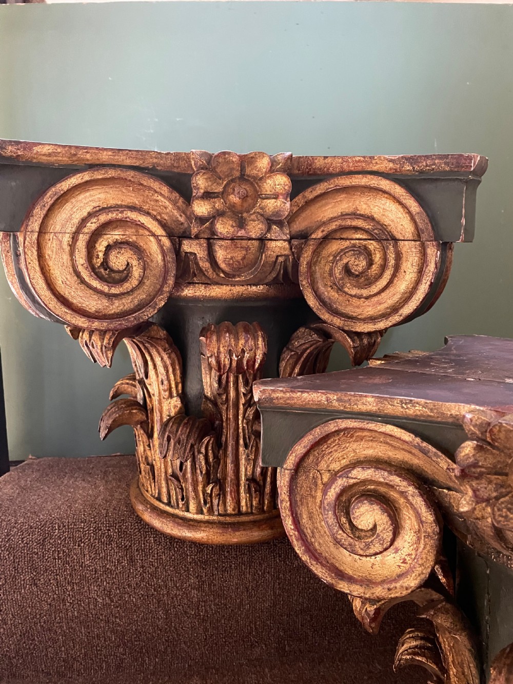 Pair of late C19th Italian carved walnut painted and gilded corinthian capitals  View VII
