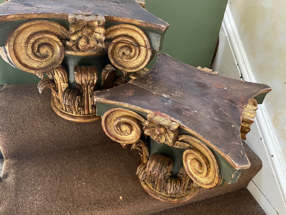 Pair of late C19th Italian carved walnut painted and gilded corinthian capitals  View VIII