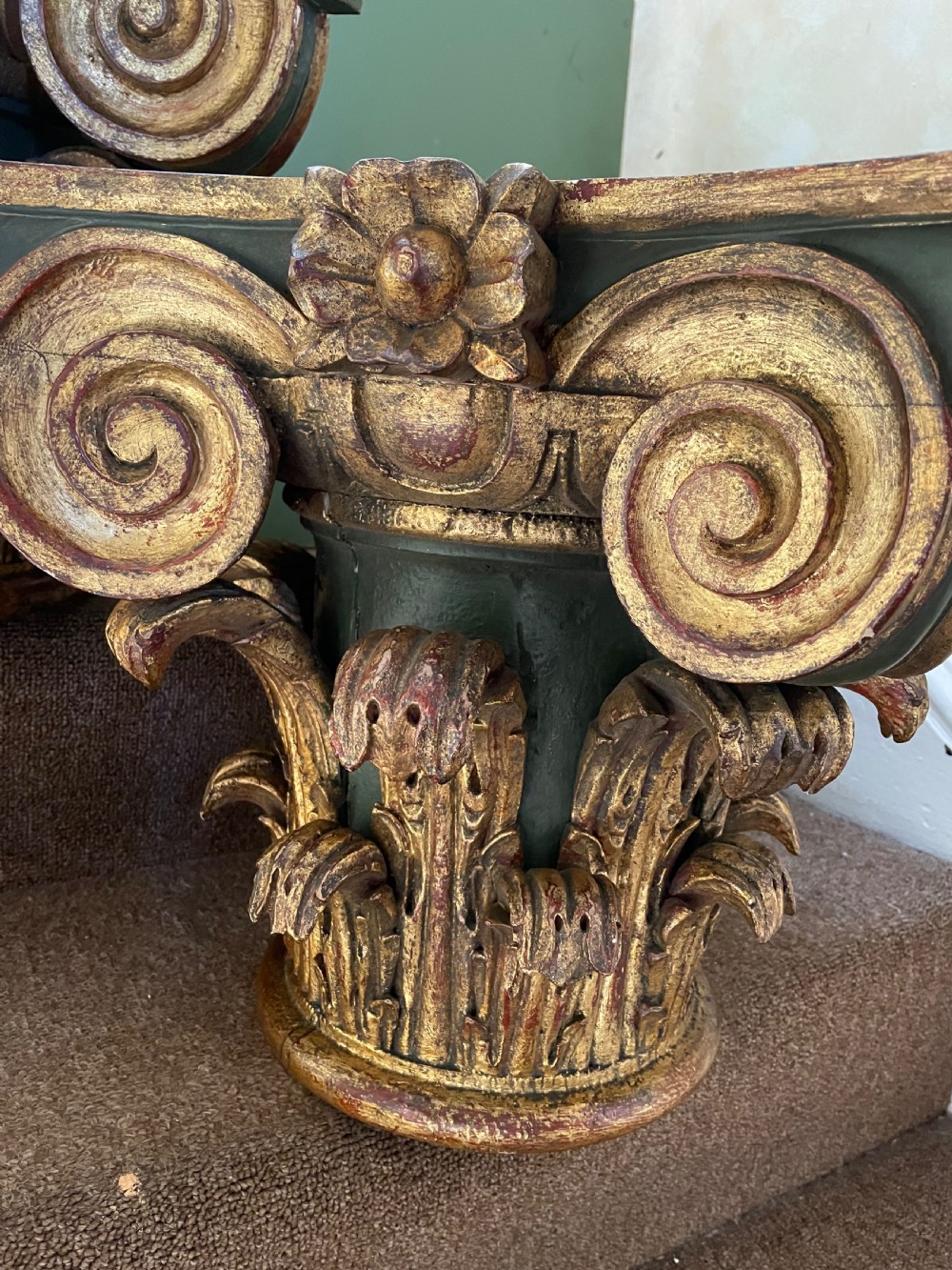Pair of late C19th Italian carved walnut painted and gilded corinthian capitals  View IX