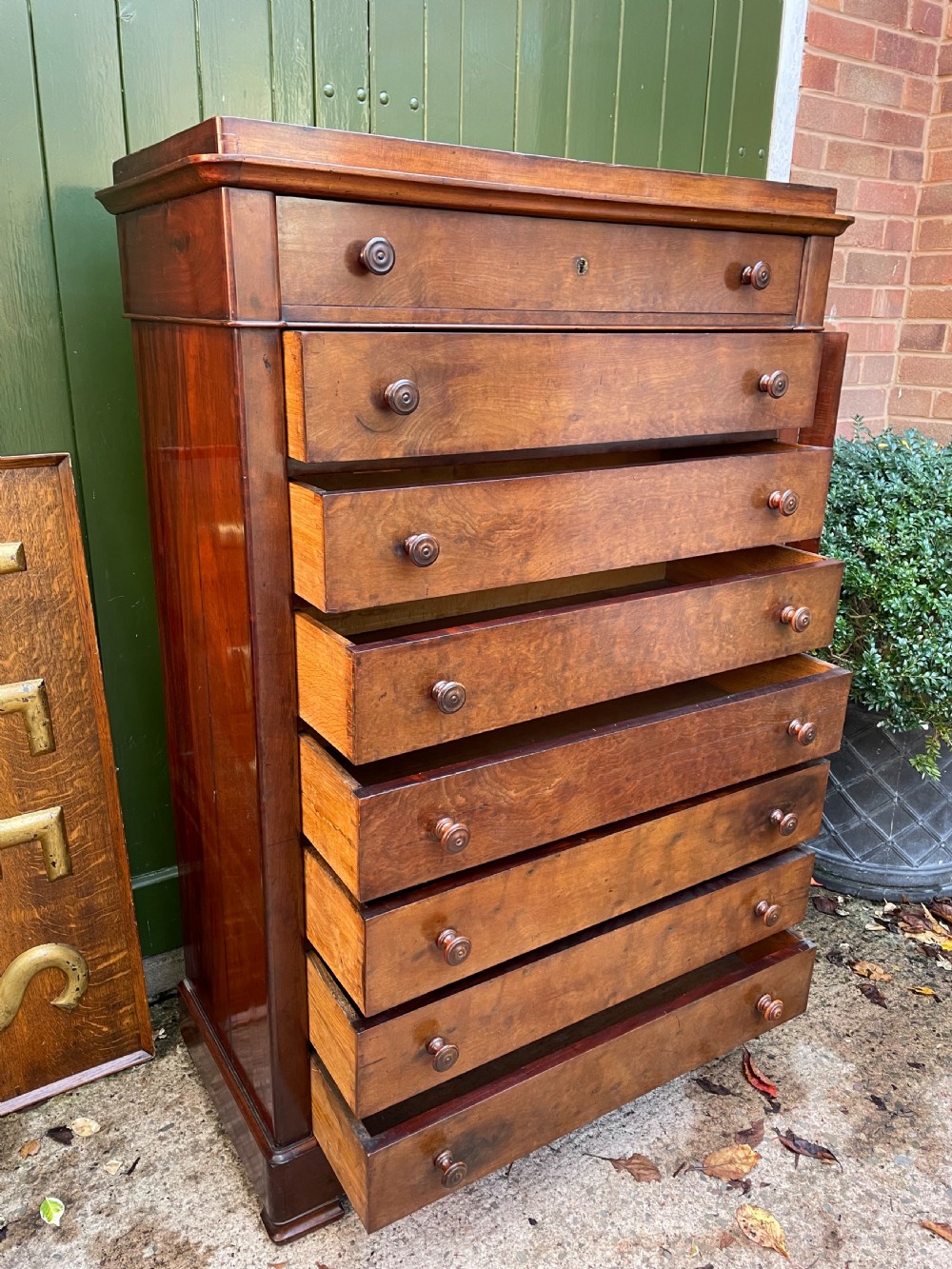 Mid C19th French mahogany ‘semainier’ type tall chest of drawers. View IV