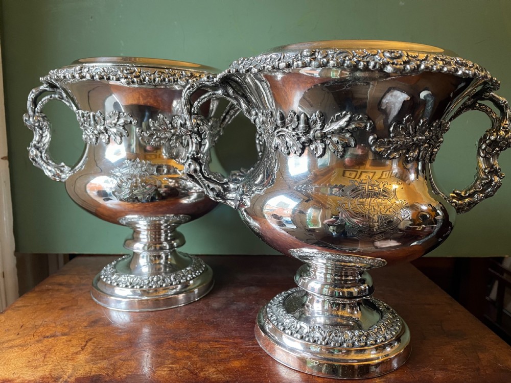 Pair of early C19th Regency period ‘ Old Sheffield Plate ‘ campana shaped wine coolers .