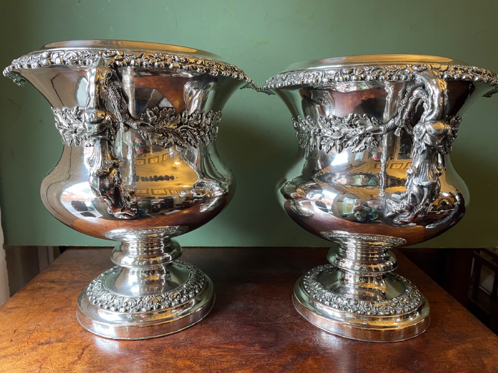 Pair of early C19th Regency period ‘ Old Sheffield Plate ‘ campana shaped wine coolers . View II