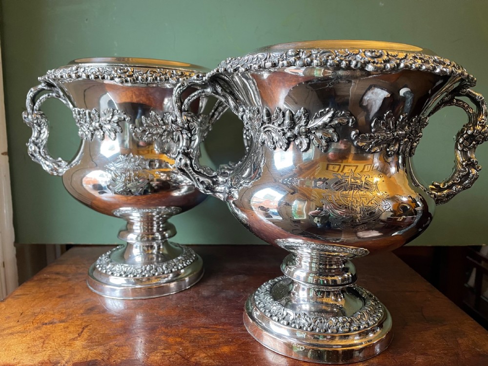 Pair of early C19th Regency period ‘ Old Sheffield Plate ‘ campana shaped wine coolers . View V