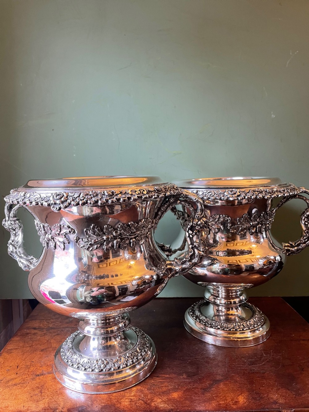 Pair of early C19th Regency period ‘ Old Sheffield Plate ‘ campana shaped wine coolers . View XII