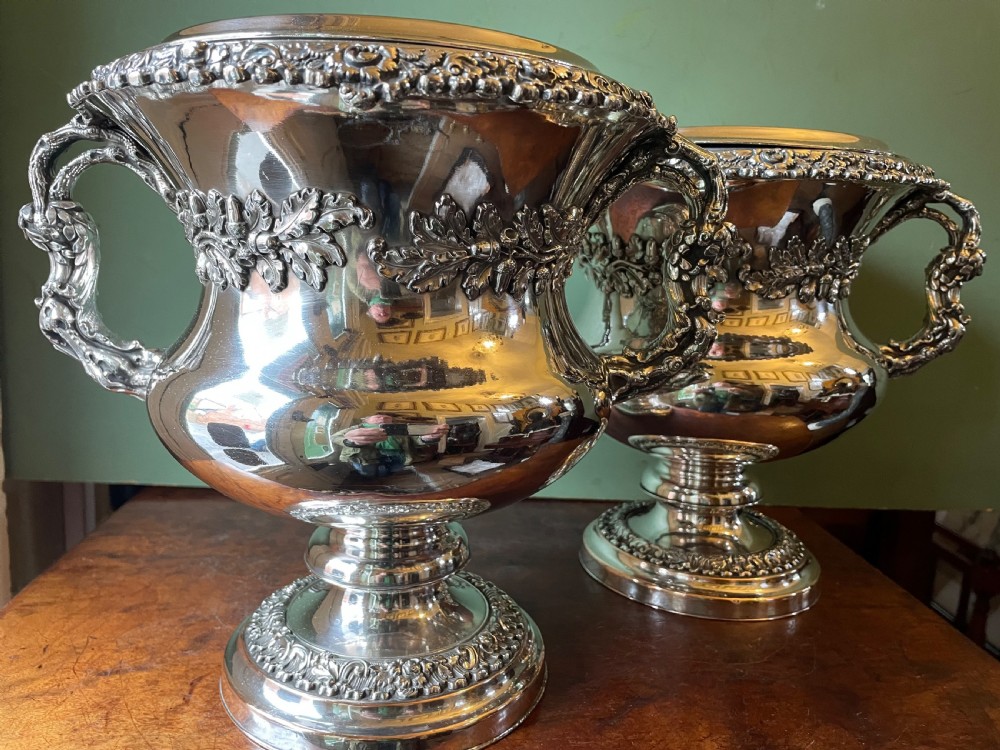 Pair of early C19th Regency period ‘ Old Sheffield Plate ‘ campana shaped wine coolers . View XIII