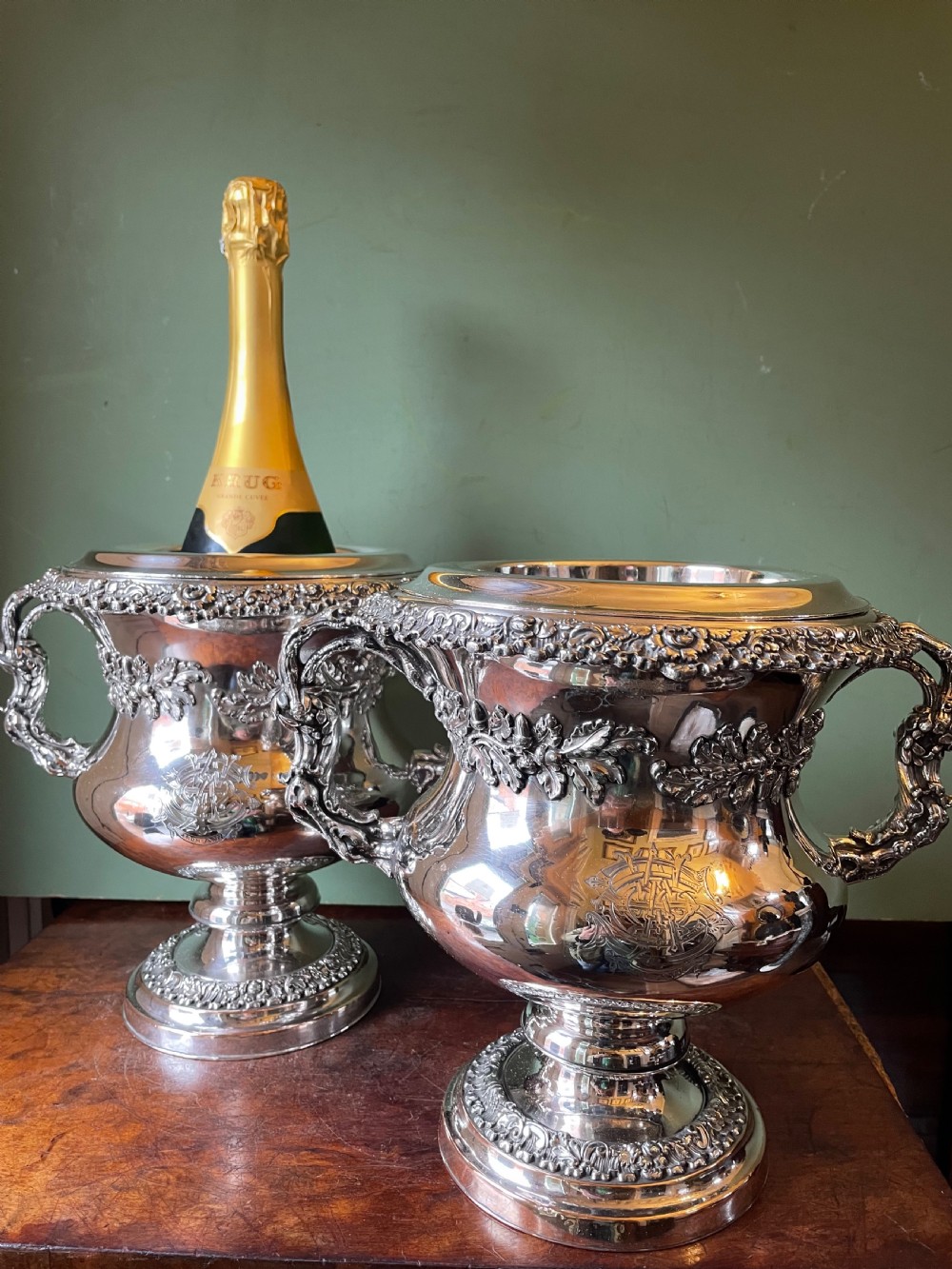 Pair of early C19th Regency period ‘ Old Sheffield Plate ‘ campana shaped wine coolers . View XVI
