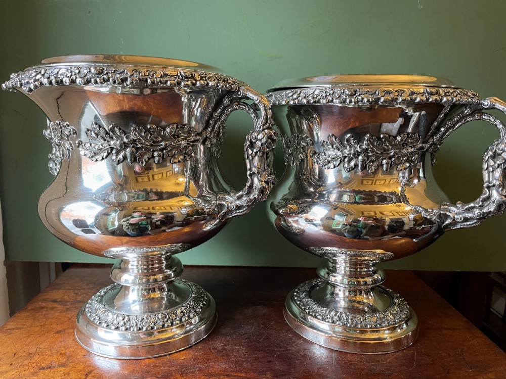 Pair of early C19th Regency period ‘ Old Sheffield Plate ‘ campana shaped wine coolers . View XIX
