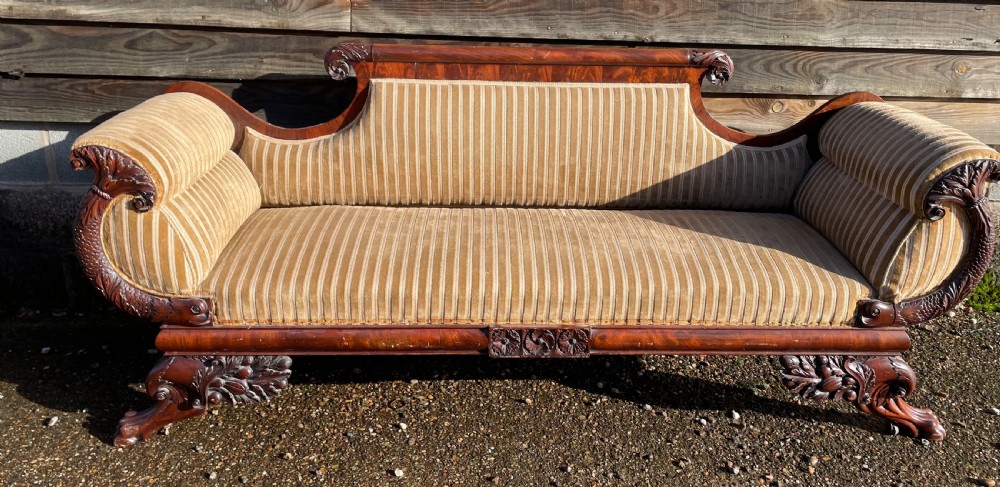 Impressive mid C19th carved mahogany framed Empire style scroll-ended settee. View II