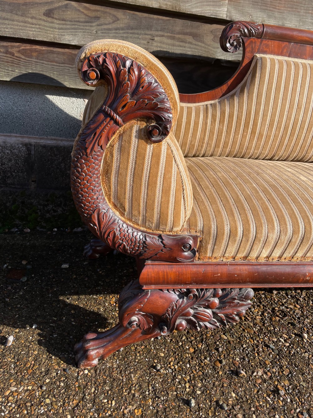 Impressive mid C19th carved mahogany framed Empire style scroll-ended settee. View III
