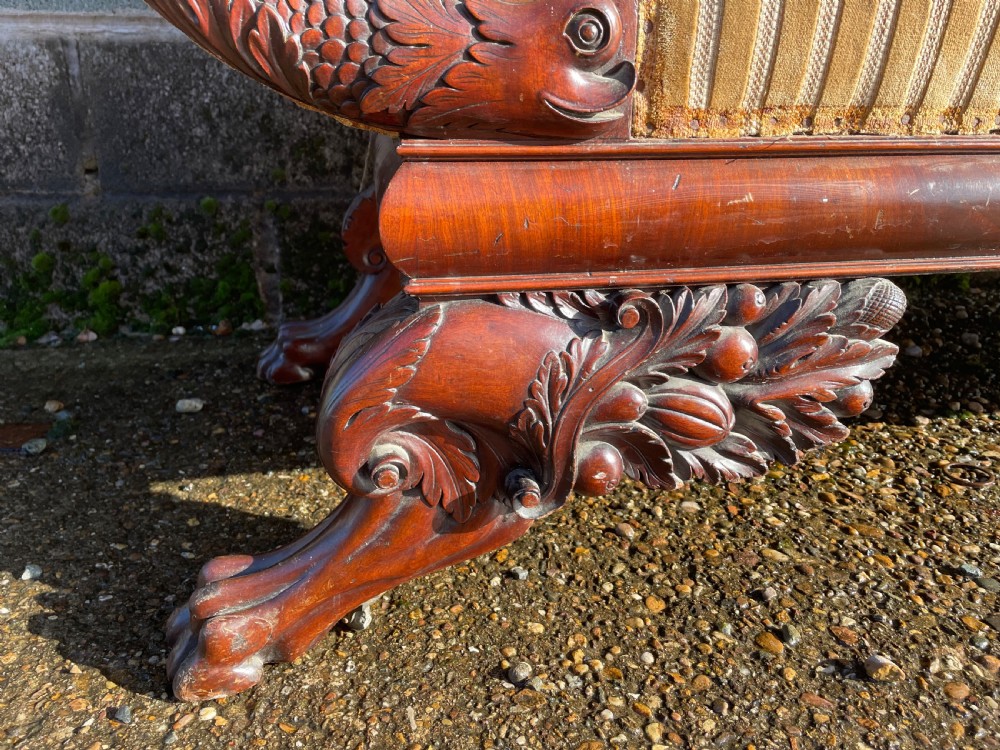 Impressive mid C19th carved mahogany framed Empire style scroll-ended settee. View V