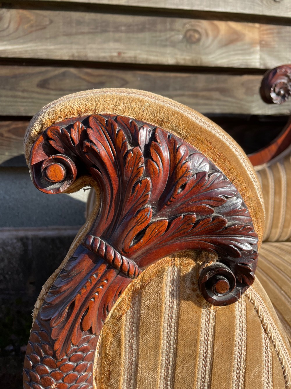 Impressive mid C19th carved mahogany framed Empire style scroll-ended settee. View VI