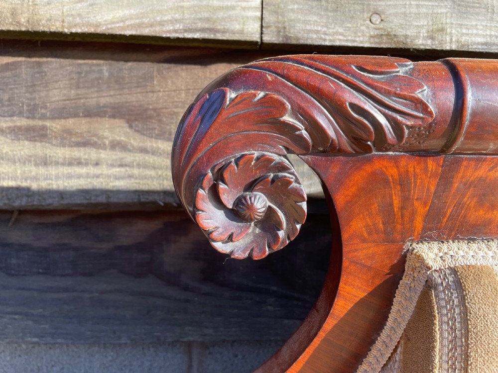 Impressive mid C19th carved mahogany framed Empire style scroll-ended settee. View VII