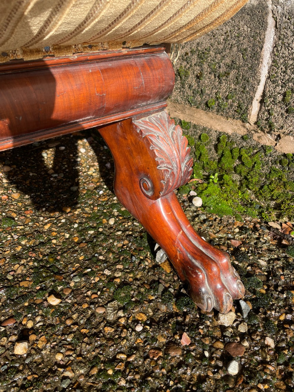 Impressive mid C19th carved mahogany framed Empire style scroll-ended settee. View IX