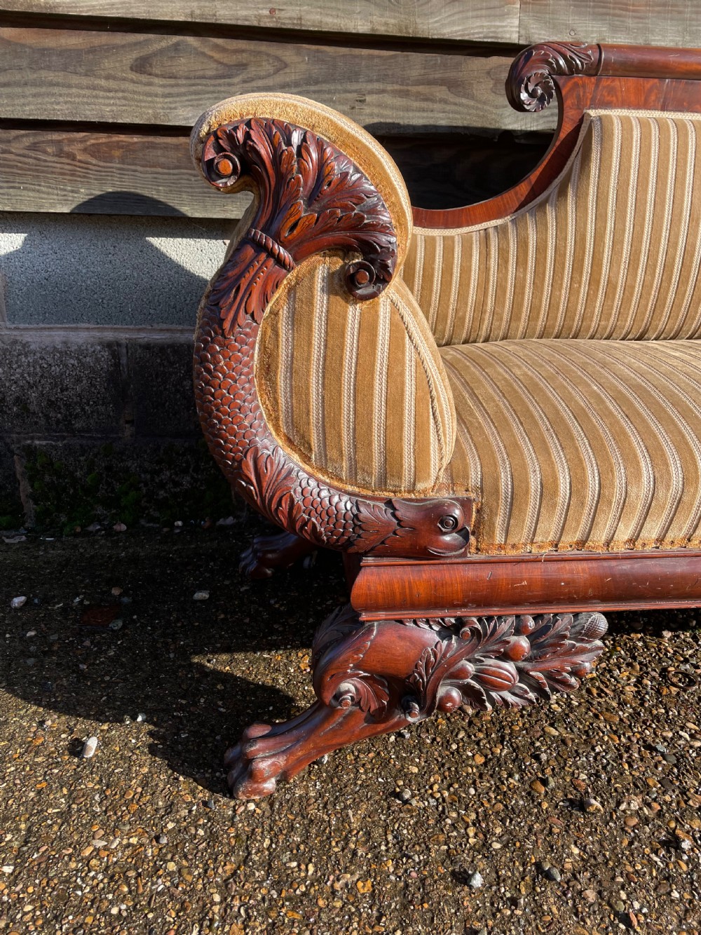 Impressive mid C19th carved mahogany framed Empire style scroll-ended settee. View XII