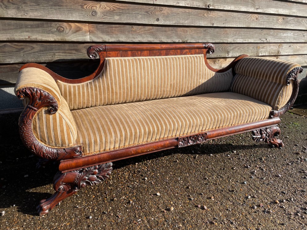 Impressive mid C19th carved mahogany framed Empire style scroll-ended settee. View XIII