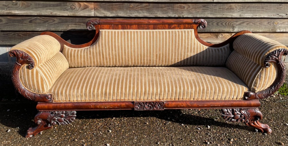Impressive mid C19th carved mahogany framed Empire style scroll-ended settee. View XIV