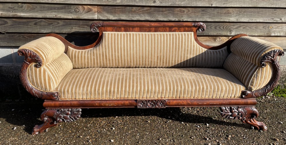 Impressive mid C19th carved mahogany framed Empire style scroll-ended settee. View XVI