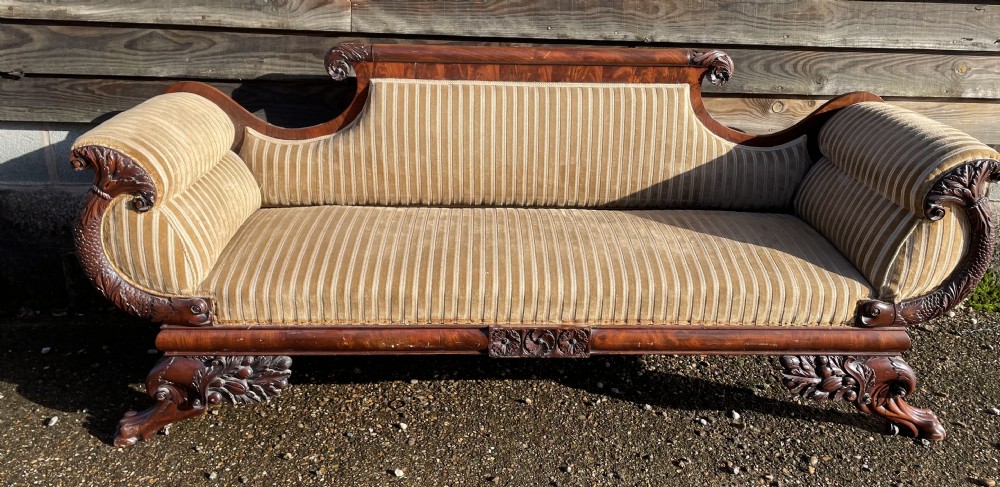Impressive mid C19th carved mahogany framed Empire style scroll-ended settee. View XVIII