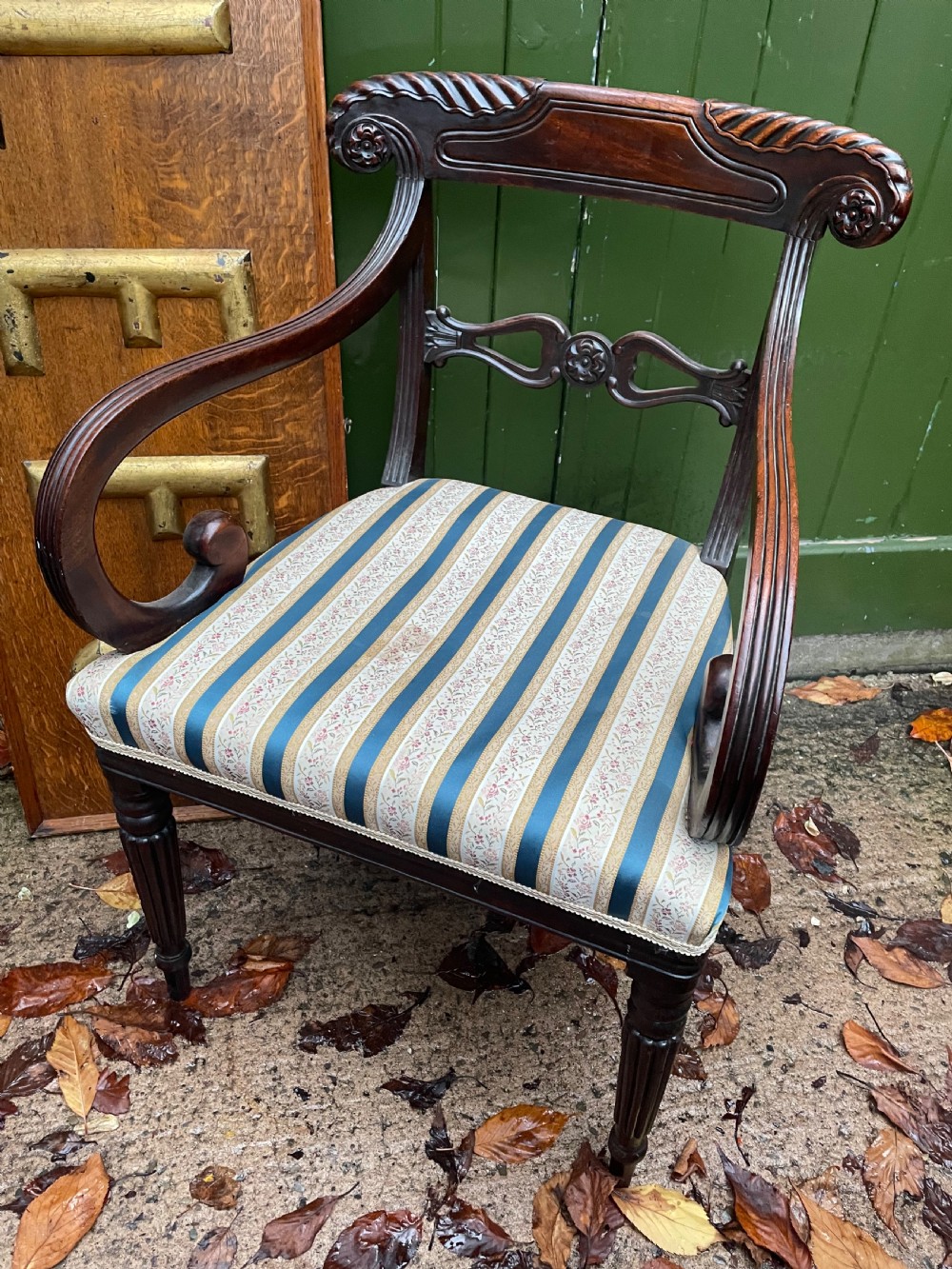 Early C19th Regency period carved mahogany armchair. View VII