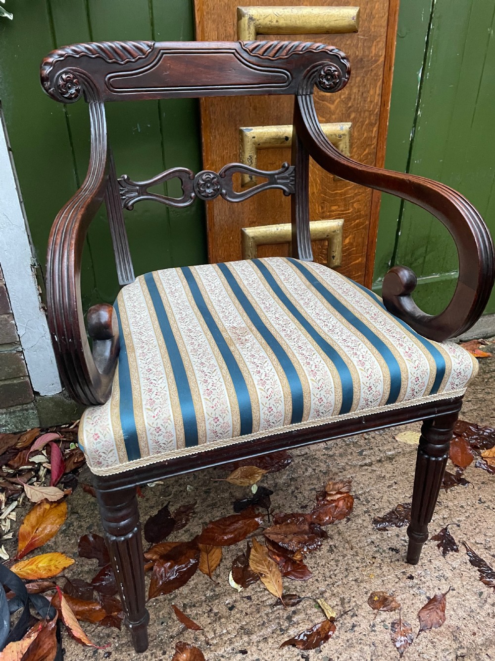 Early C19th Regency period carved mahogany armchair. View IX