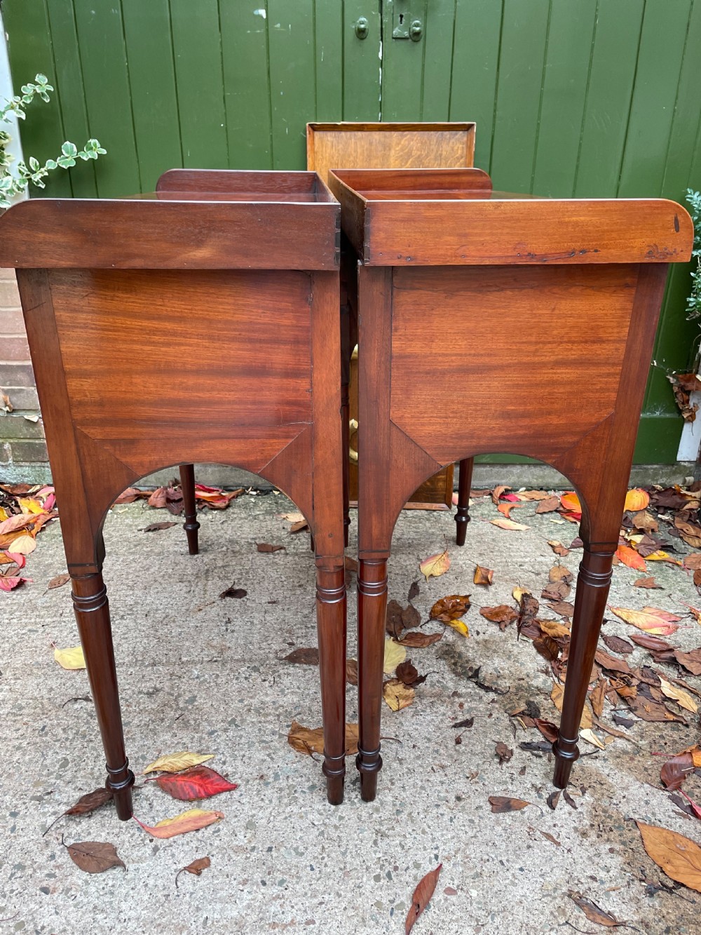 Pair of elegant early C19th late George III period mahogany bow-front side tables . View V