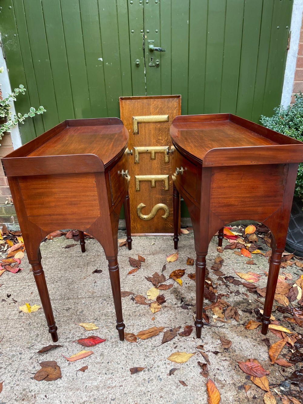 Pair of elegant early C19th late George III period mahogany bow-front side tables . View VII
