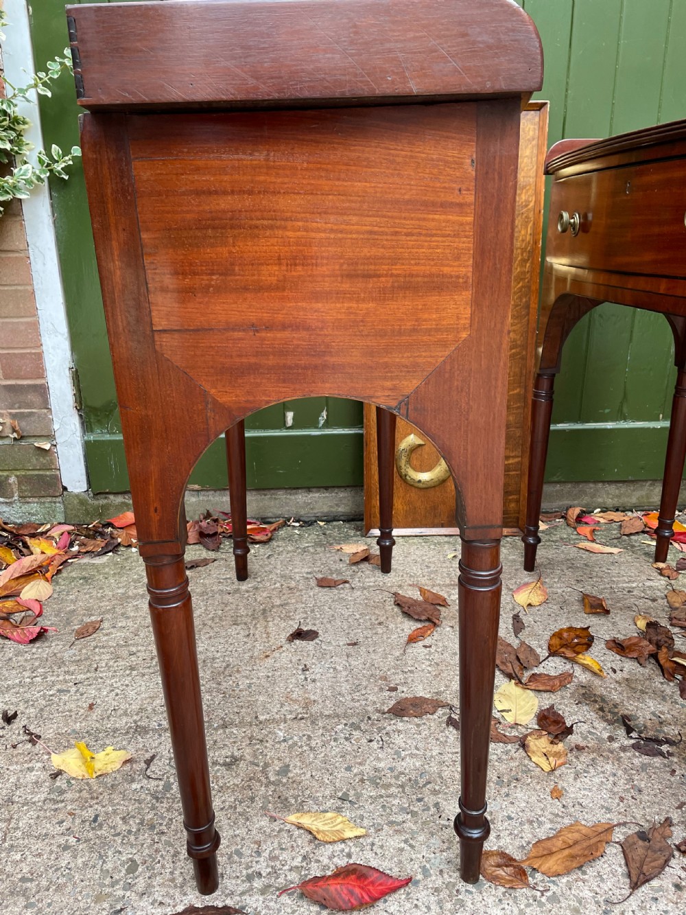 Pair of elegant early C19th late George III period mahogany bow-front side tables . View VIII
