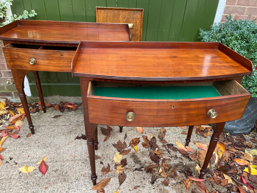 Pair of elegant early C19th late George III period mahogany bow-front side tables . View XII