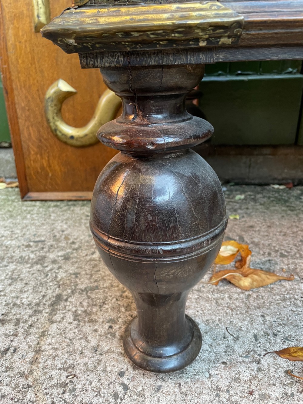 C18th Dutch East Indies Colonial brass-mounted teak coffer on stand . View III